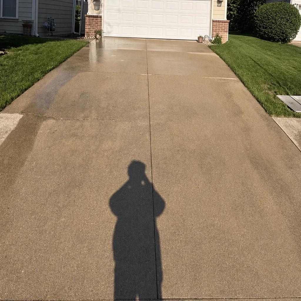 Dirty stained concrete driveway before pressure washing in Kokomo